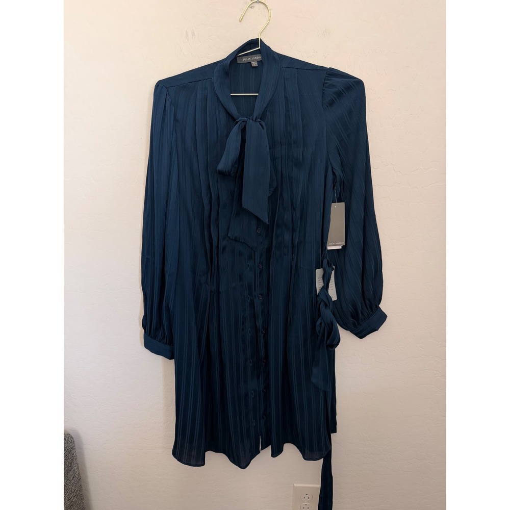 Julia Jordan Dark Teal Blue Pleated Tie Neck Long Sleeve Mini Dress NWT Size S